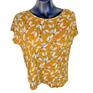 Rachel Zoe Blouse Size M 100% Linen Mustard Yellow Floral Short Slv Back Button